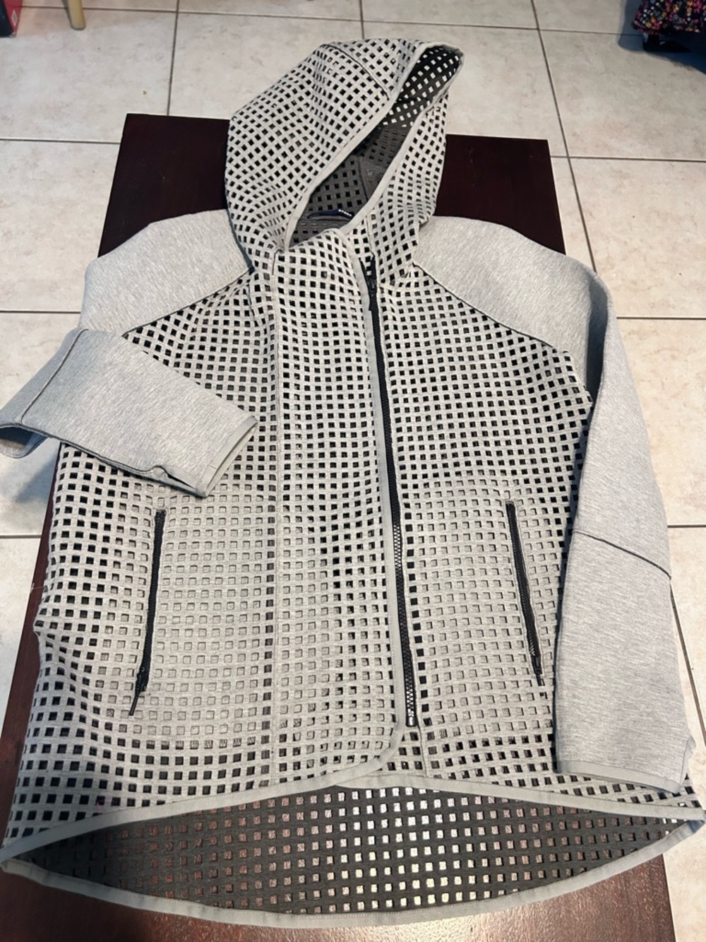 Elie Tahari Light Gray Perforated Hooded Zip Bomber Jacket